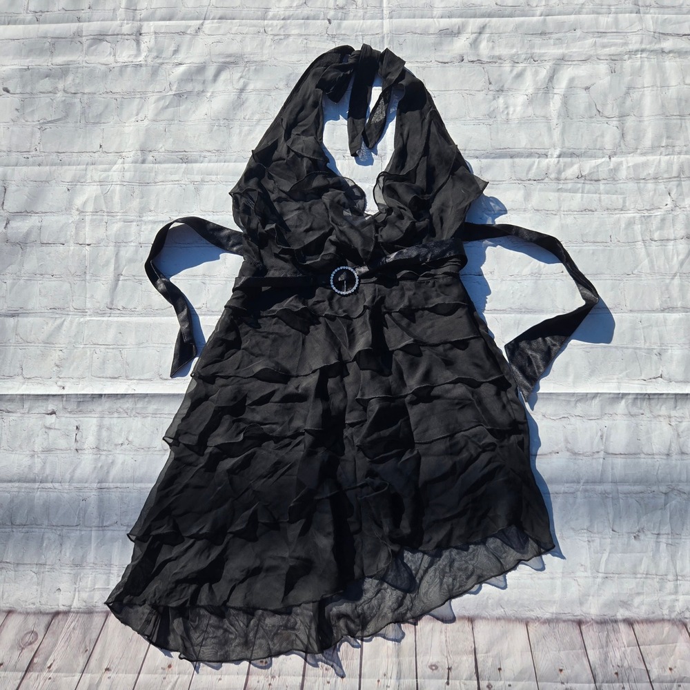 VTG Y2Ksheer Black tiered Ruffled Halter Dress Asymmetrical Hem L fairy grunge